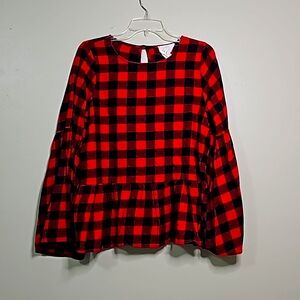 Boutique Checkered Bell Sleeve Top